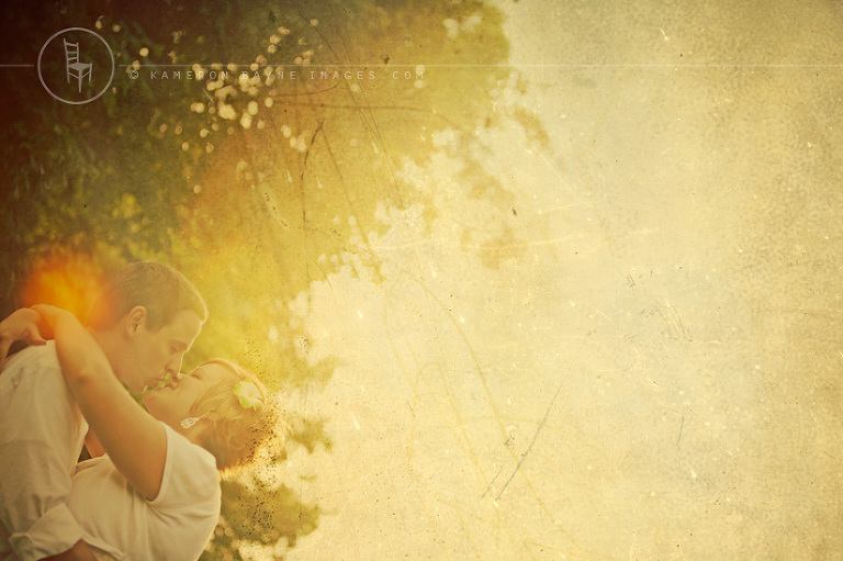 bride and groom kissing under the tree with vintage 70's look and feel