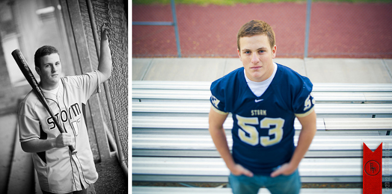 Senior portraits of a young man who plays high school baseball and football.